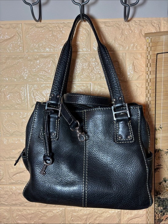 Fossil Handbags - Fossil Leather Bag Bright Black Pebbled Satchel w Silver w Shoulder Strap